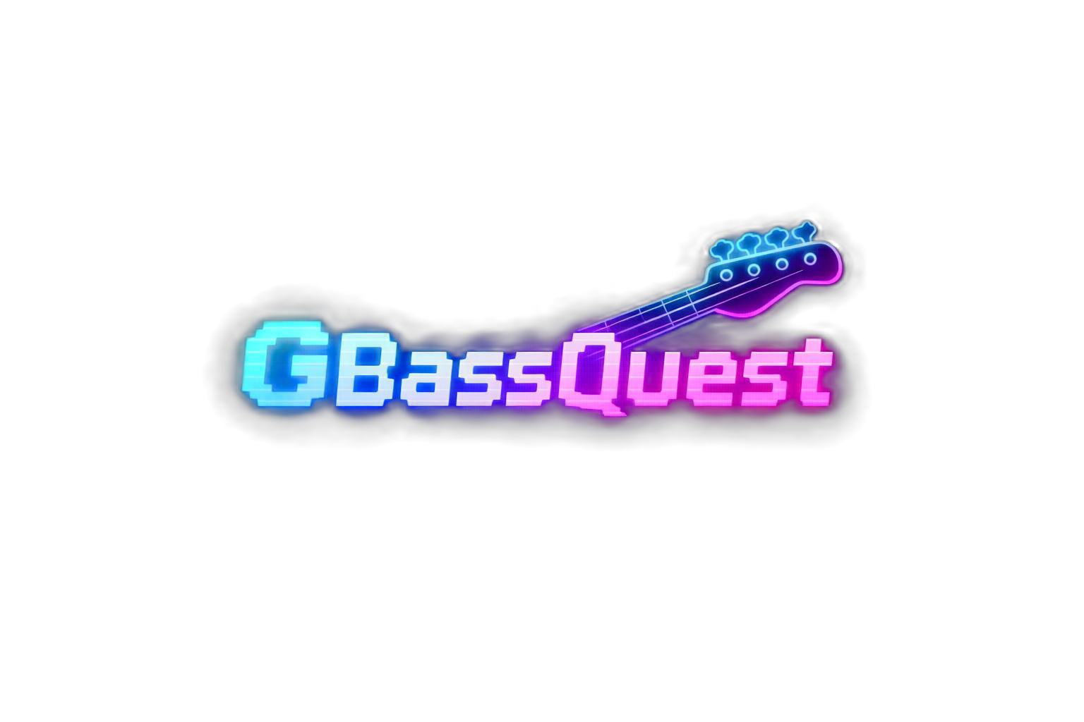 GBassQuest logo - cyan to magenta gradient text with stylized bass guitar headstock above